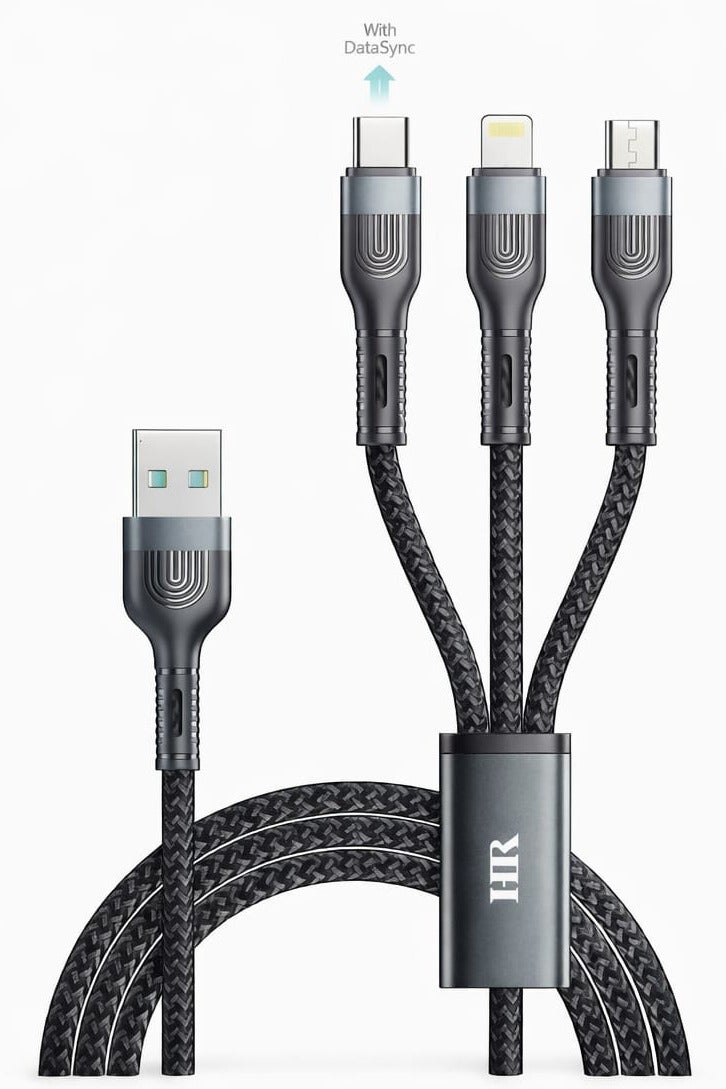 HR 3-in-1 Fast Charging Cable | USB to Type-C + Lightning + Micro USB | 3.5A | 1.3m Braided Cable - Image 1